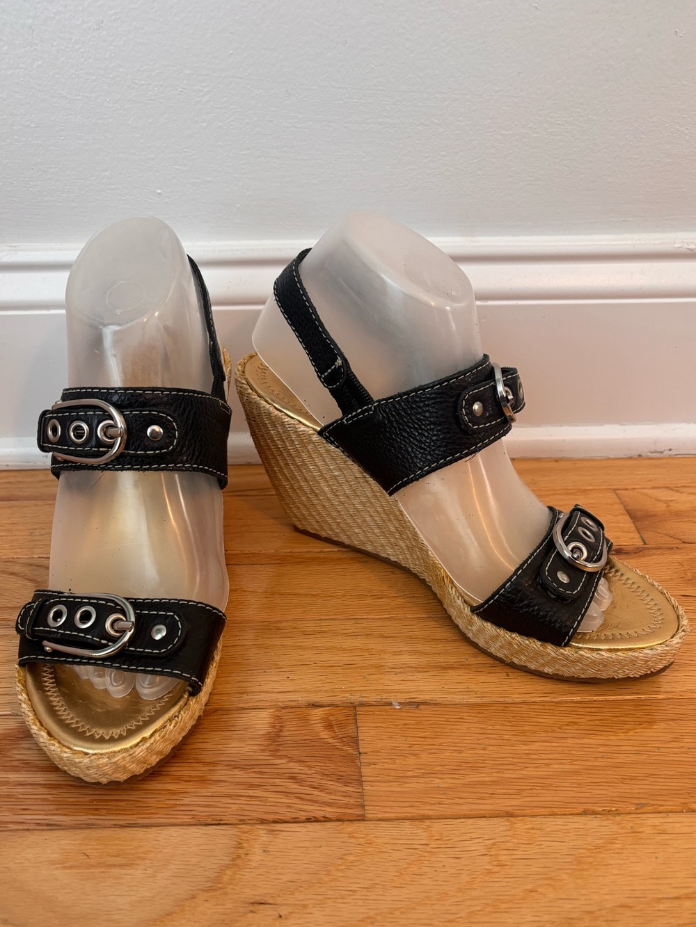 ANTONIO MELANI Y2K Black Leather Double-Buckle Espadrille Wedges Size 8 Brazil